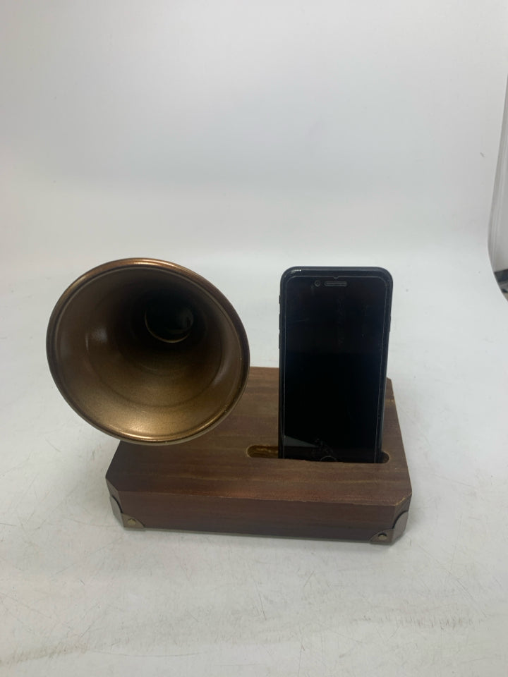 OLD FASHION SPEAKER W/ WOOD BASE PHONE INSERT.