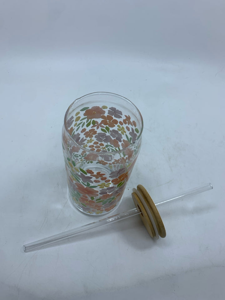 PEACH/PURPLE FLOWER PAINTED GLASS TUMBLER.