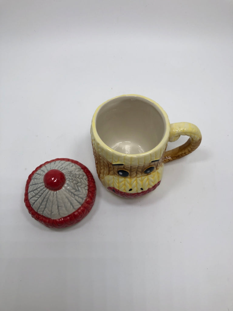 SOCK MONKEY CERAMIC MUG W/LID.