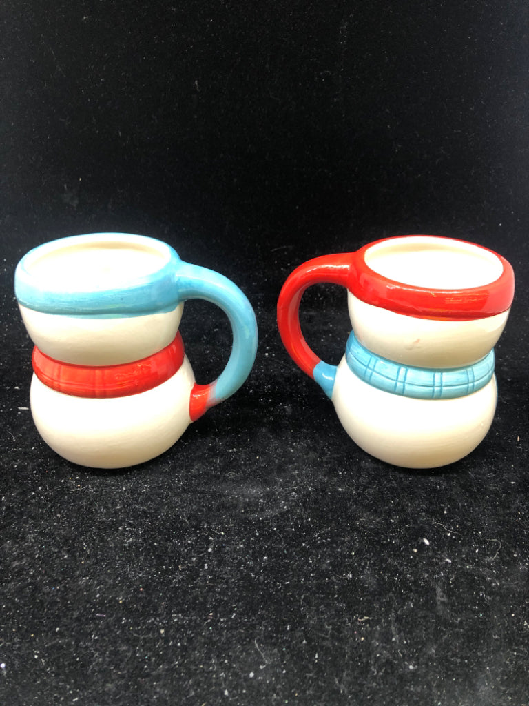 2 RED + BLUE SNOWMAN MUGS.