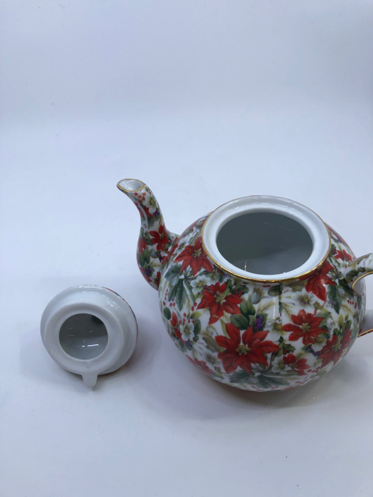 WHITE W/ RED POINSETTIA TEA POT.
