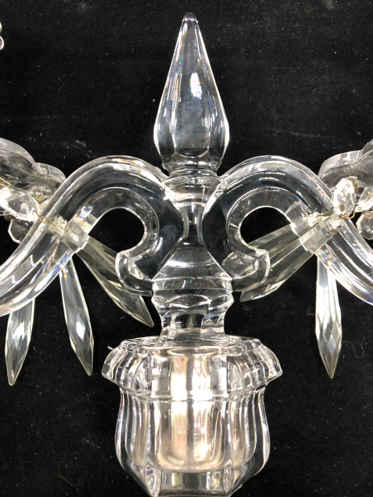 DOUBLE GLASS CANDELABRA W/DANGLING GEMS & GREEN CANDLES.
