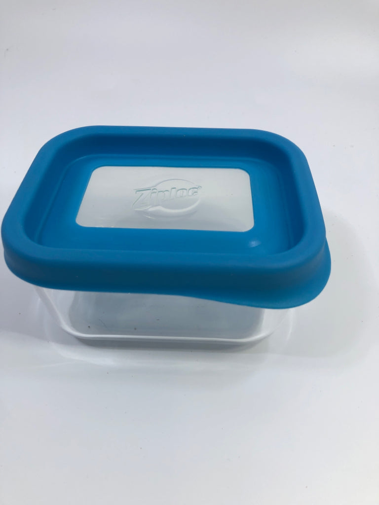 GLASS ZIPLOC CONTAINER W/BLUE LID.