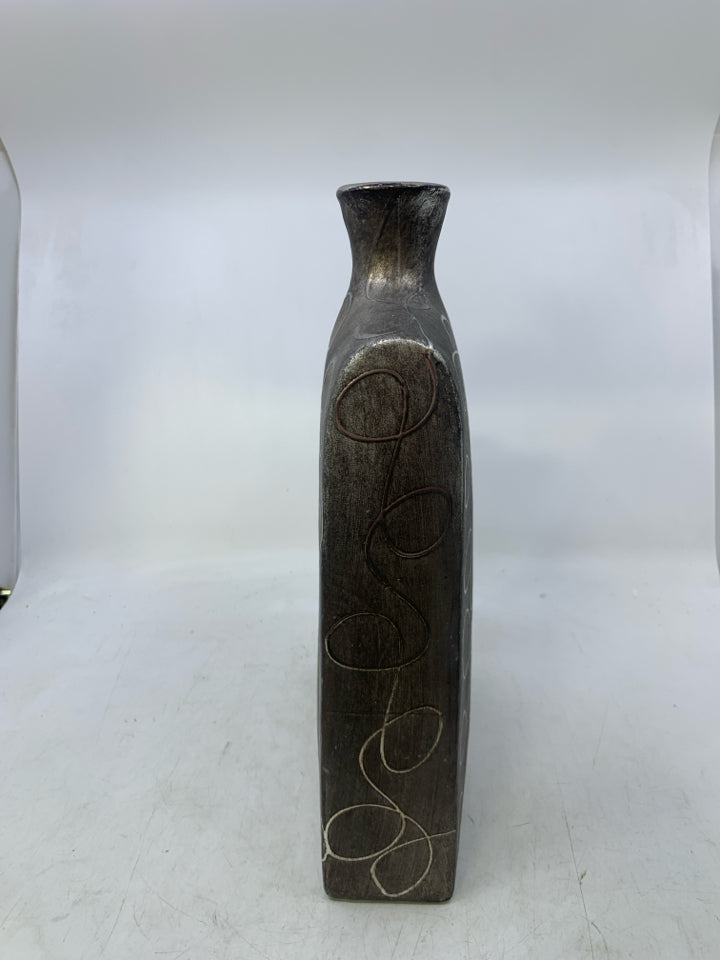 MATTE GREY CERAMIC VASE W/ SILVER SWIRLS OFF CENTERED NECK.