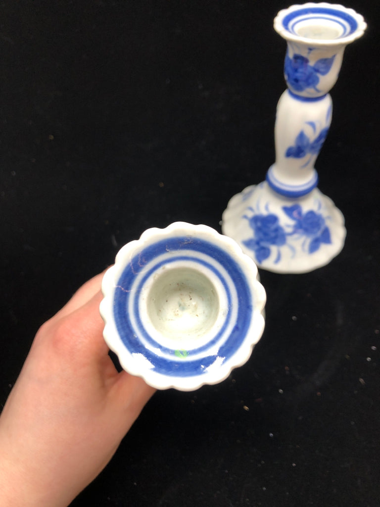2 BLUE FLORAL CANDLESTICK HOLDERS - MADE IN THAILAND.