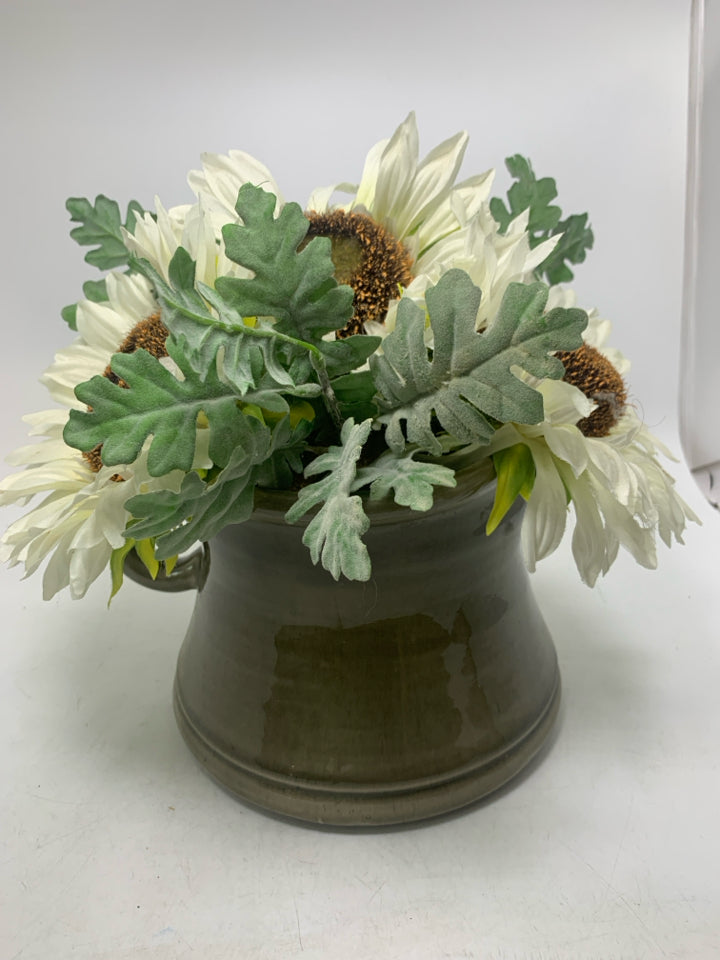 LARGE GREY PLANTER W/ FAUX WHITE DAISIES.