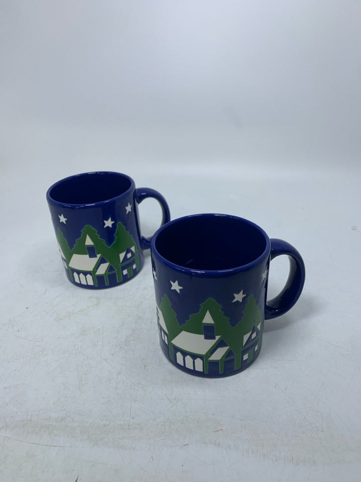 2 DARK BLUE WAECHTERSBACH CHRISTMAS VILLAGE MUGS.