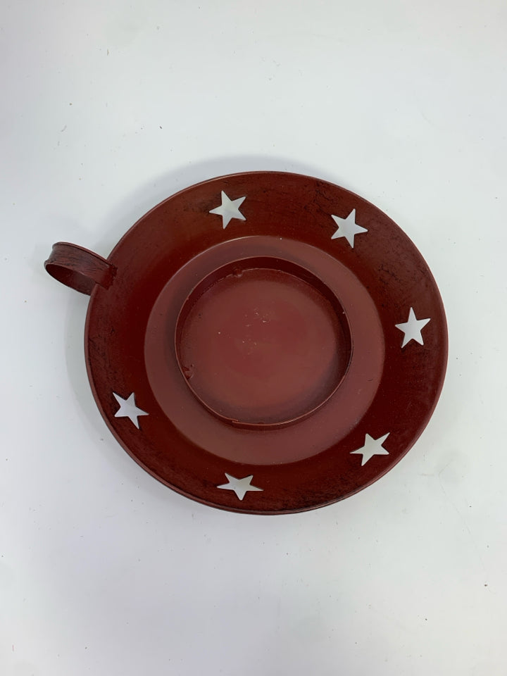 PRIM STYLE RED TIN CANDLE HOLDER W/STAR CUT-OUTS.