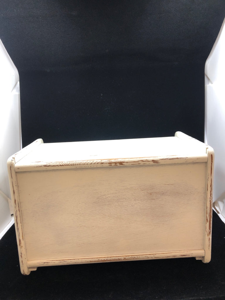 DISTRESSED WHITE BREAD BOX.
