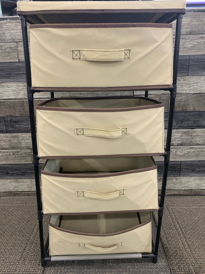 4 CUBE TAN FABRIC STORAGE W/BLACK PLASTIC FRAME.