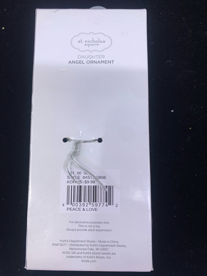 NIB ANGEL "DAUGHTER" HOLDING A GIFT ORNAMENT.