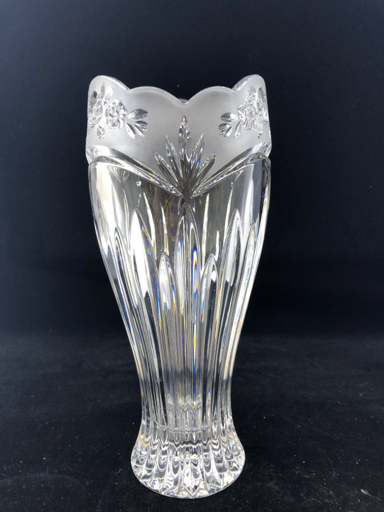 HEAVY CUT GLASS VASE W/EMBOSSED FLOWERS.
