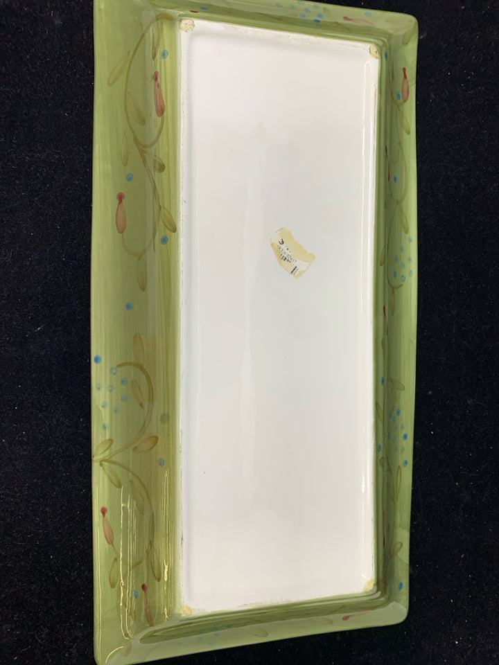 GREEN AND YELLOW CHECKERED PLATTER W FLORAL.