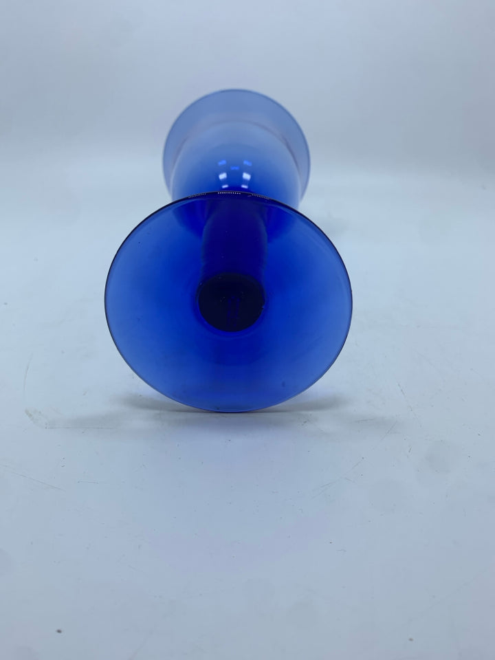 4 COBALT BLUE GLASS GOBLETS W/THICK STEMS.