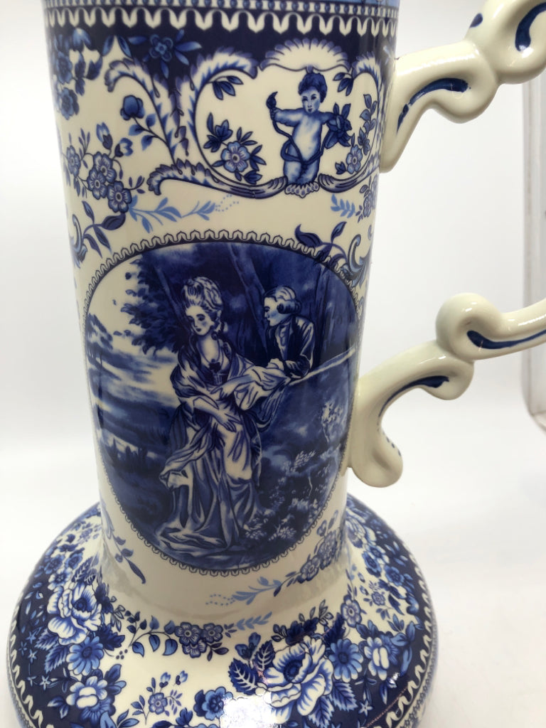 VTG BLUE/WHITE TALL DETAILED PITCHER.