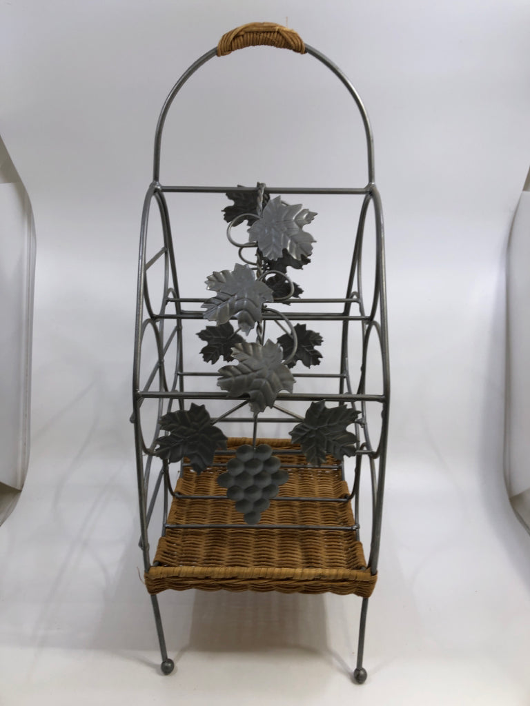 SILVER WINE RACK W/LEAVES AND WOVEN BOTTOM.