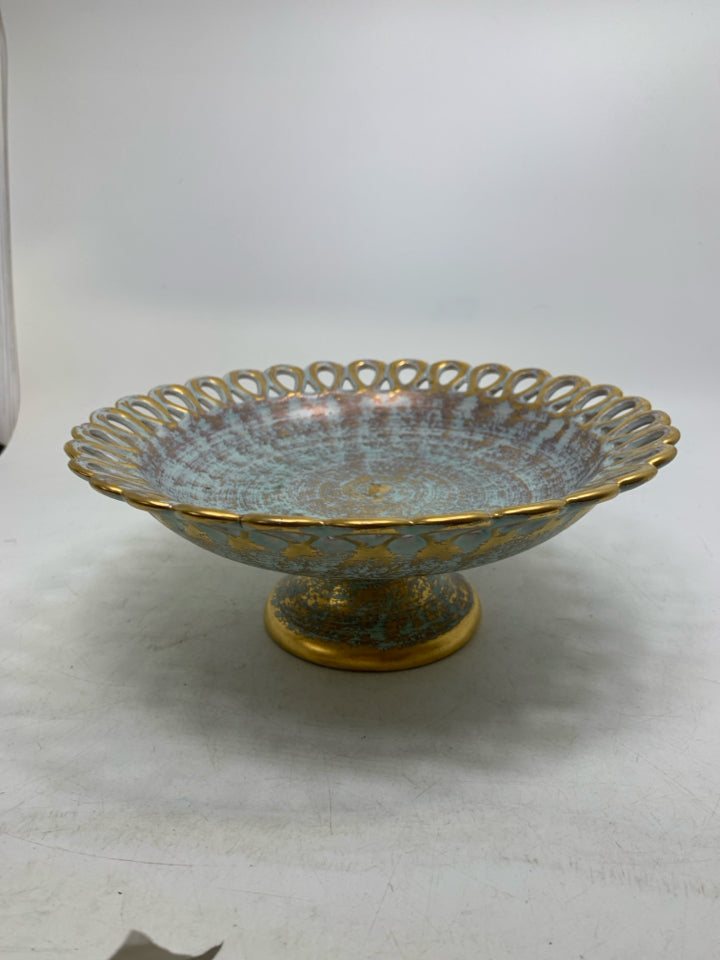 FOOTED TEAL/GOLD SHALLOW BOWL W/ LACE EDGE.