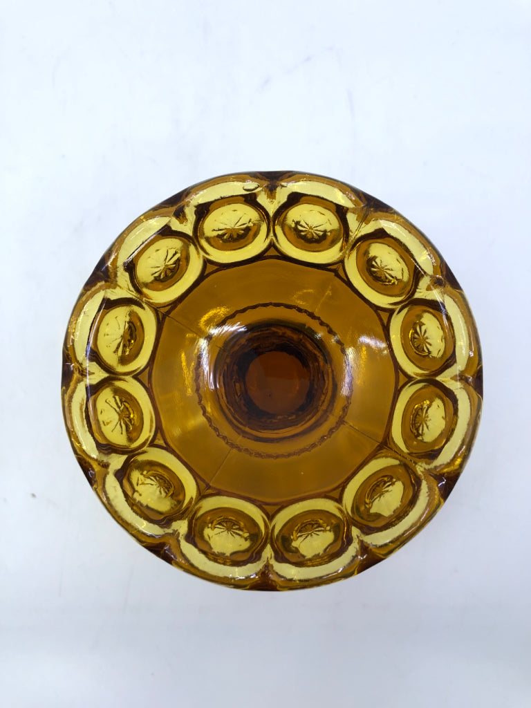 VTG FOOTED AMBER GLASS EMBOSSED CANDY DISH.