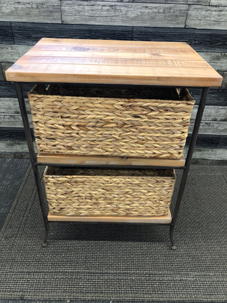 FARMHOUSE STYLE 3 SHELF TABLE W TWO BASKETS.