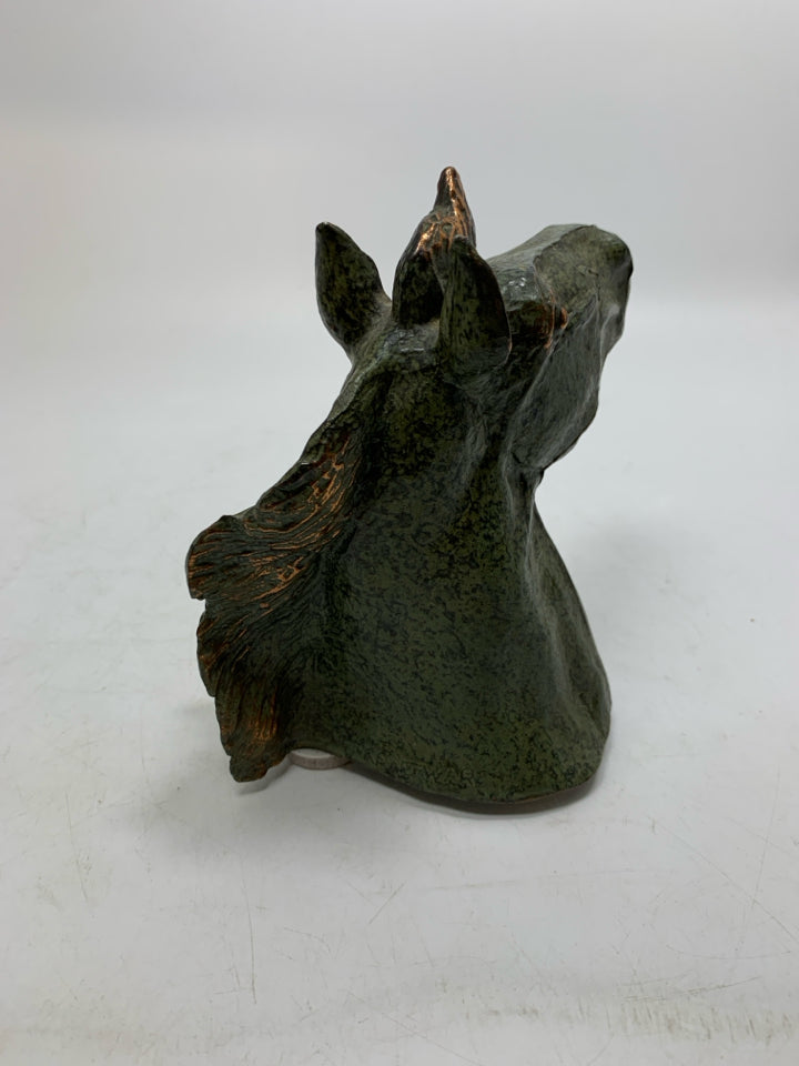 GREEN METAL HEAVY HORSE HEAD W/ BABY FIGURINE.