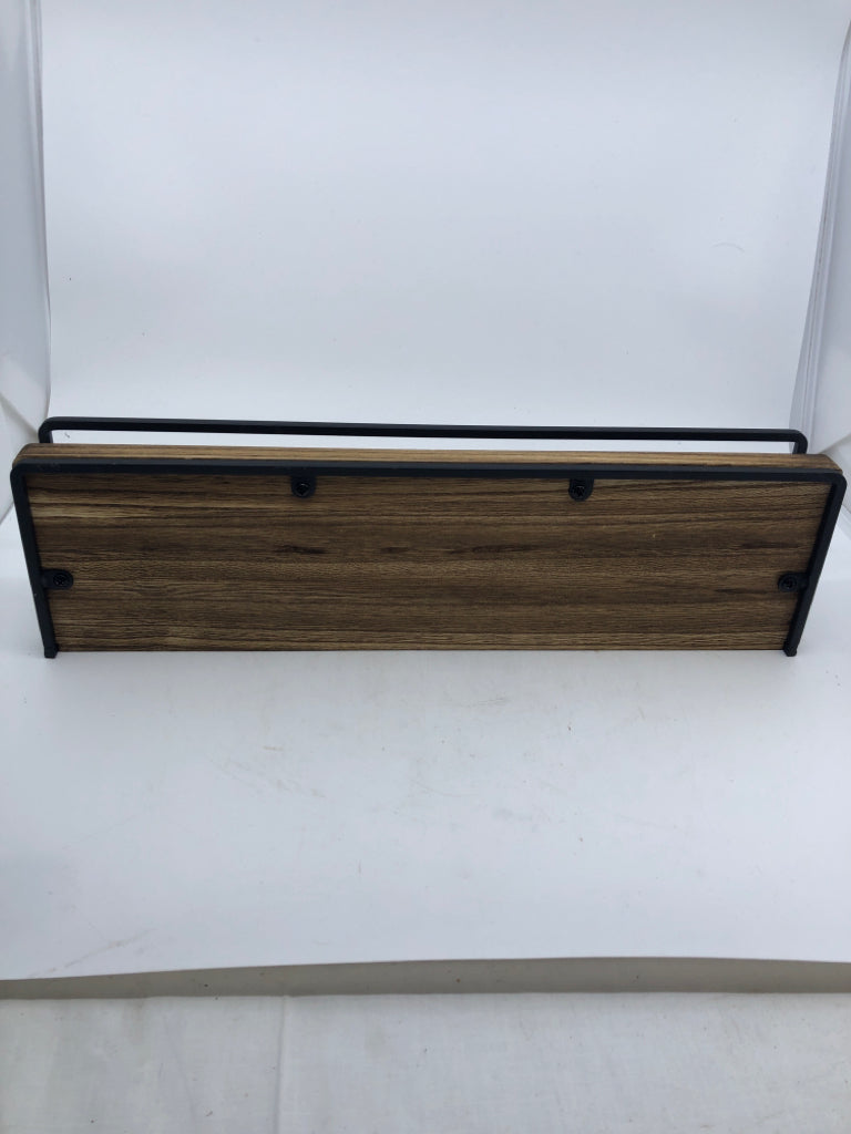 WOOD WALL SHELF W/ BLACK METAL EDGE.