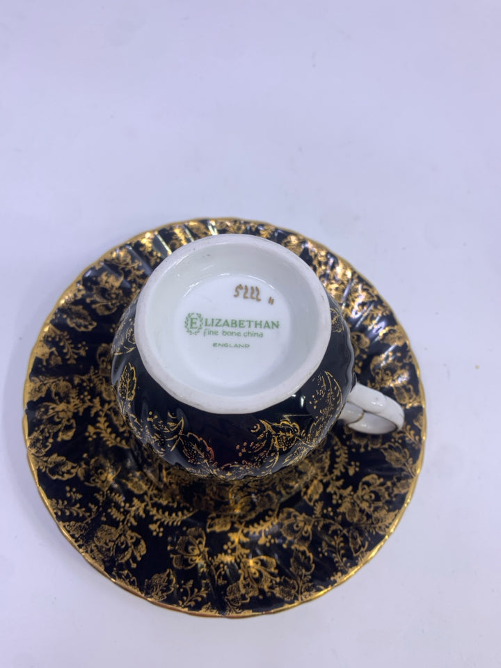 VTG BLACK W/GOLD DESIGN TEA CUP & SAUCER-ELIZABETHAN.