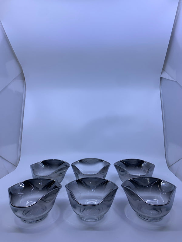 6 VTG SILVER EDGE TRIANGLE GLASS BOWLS.