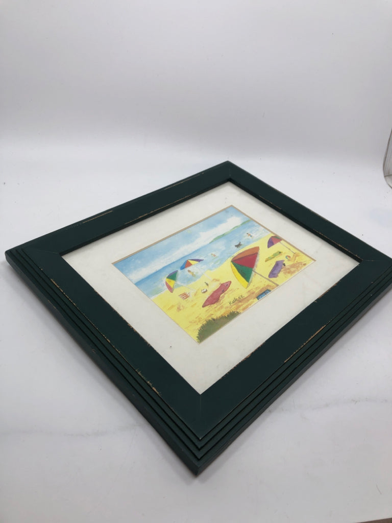 BEACH PRINT IN DISTRESSED GREEN FRAME.