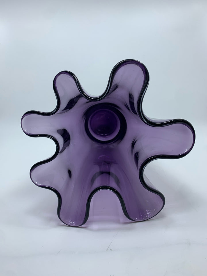 PURPLE GLASS VASE W/WAVY RIM.
