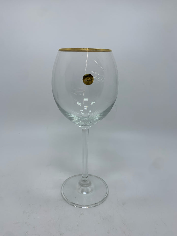 NIB 6PC LUCERNE GLASS GOBLETS W/GOLD RIM.