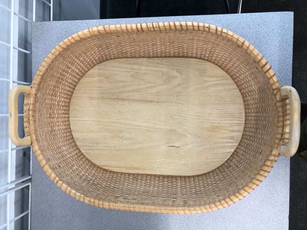WICKER BASKET TRAY W/WOOD BOTTOM AND HANDLES.