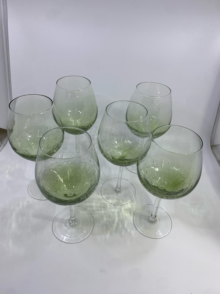 6PC GREEN CRACKLE WINE GLASSES.