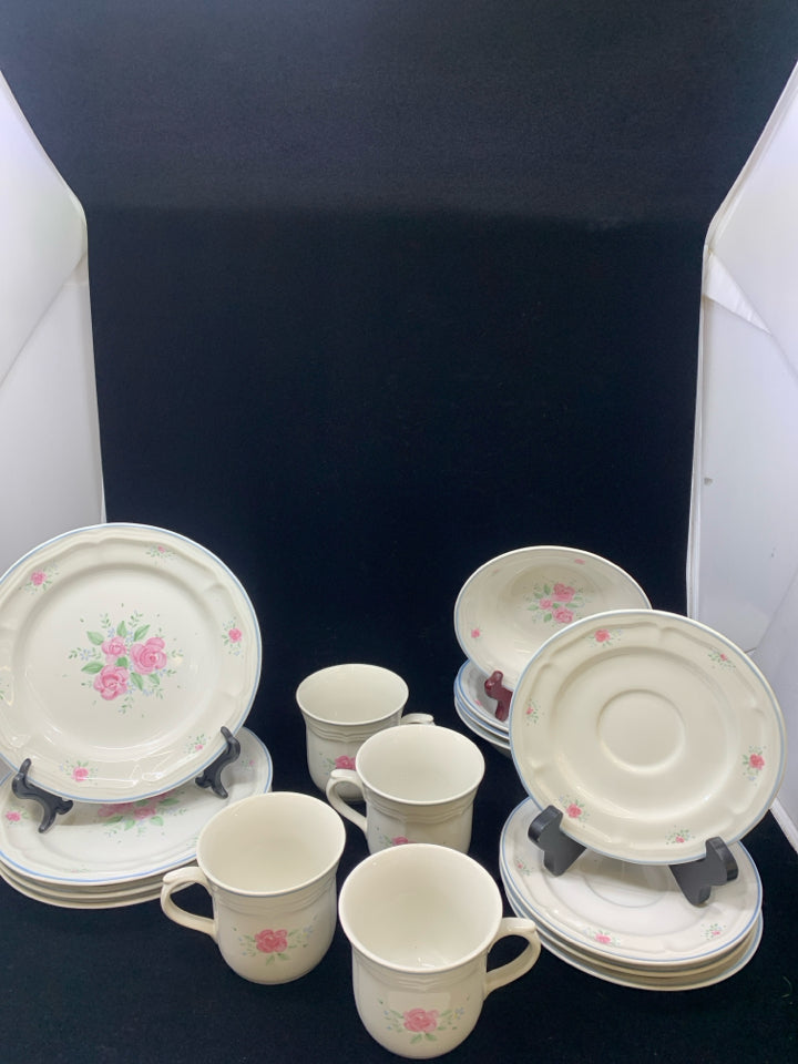 16PC WHITE & PINK FLORAL DISH SET W/BLUE RIM.