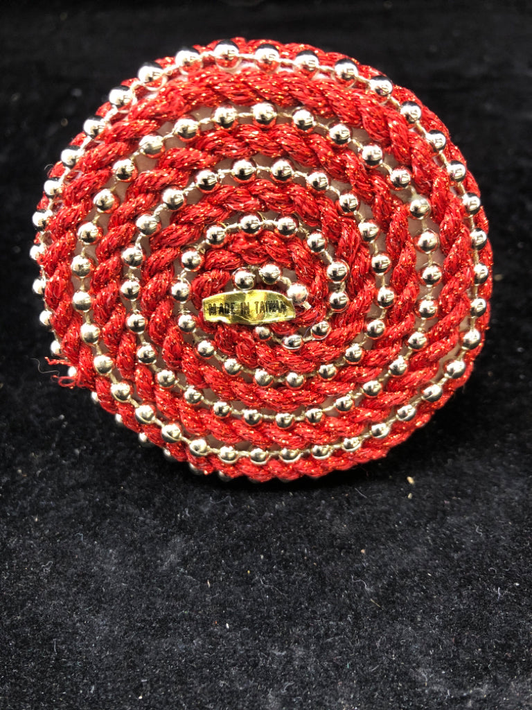 SILVER/RED BEADED BELL ORNAMENT.