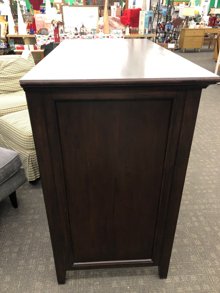 HEAVY DARK WOOD DRESSER W/ 3 LARGE DRAWERS & 2 SMALL DRAWERS.