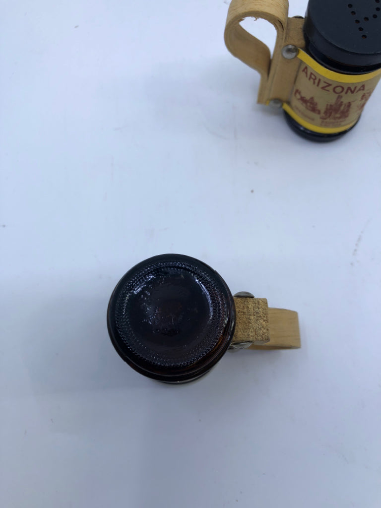 WOOD WRAPPED ARIZONA BROWN GLASS S/P SHAKERS.