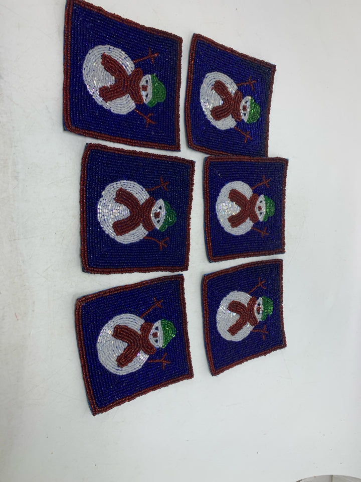 6 DARK BLUE BEADED SNOWMEN COASTERS.