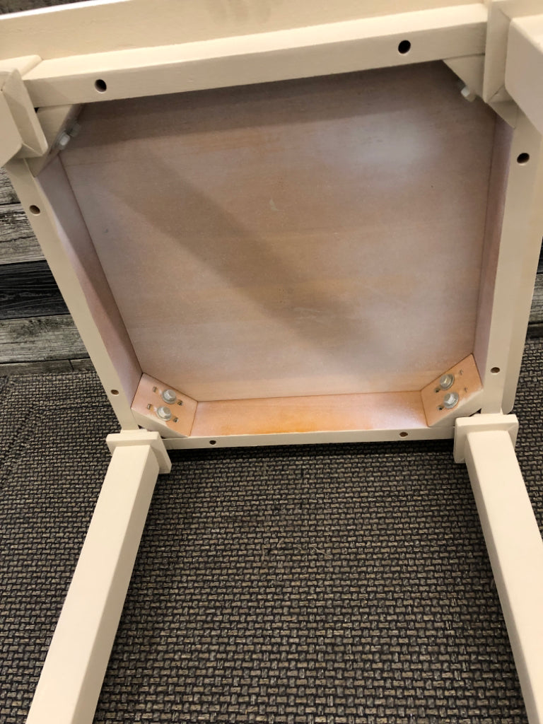 DISTRESSED WHITE TOP CREAM LEGS SIDE TABLE.