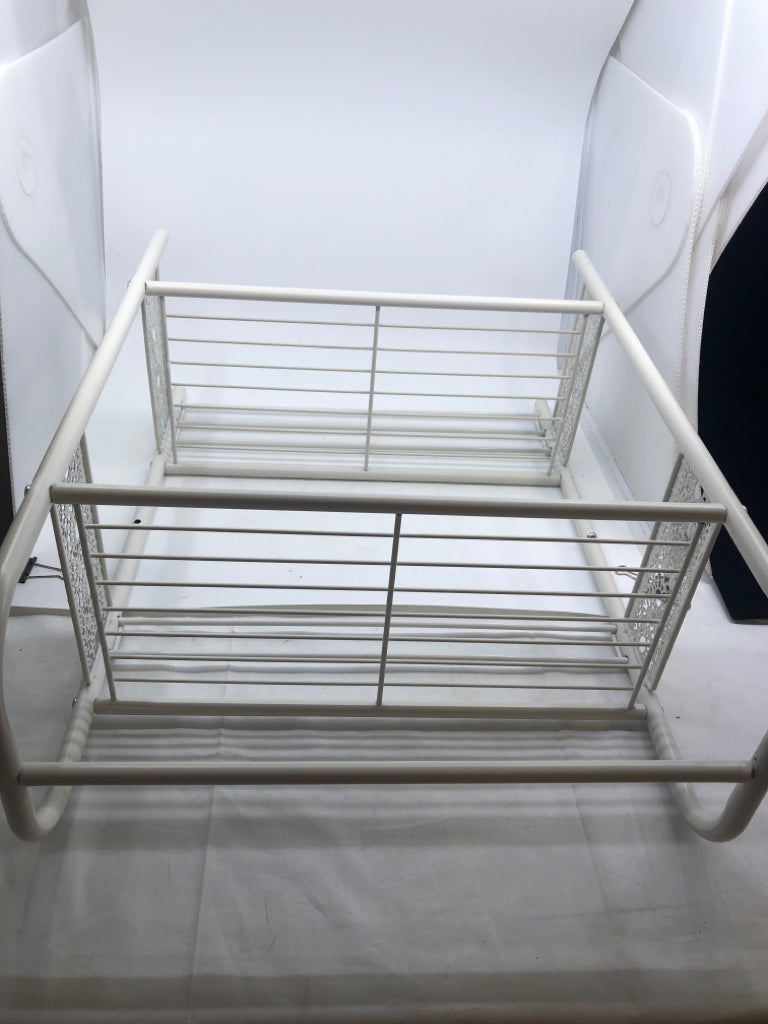 WHITE METAL 2 TIER SHELF W/ LACE DETAIL SIDES/ TOWEL RACK.