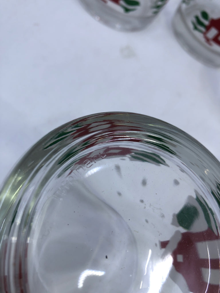6 GLASS MUGS W/ RED HOUSE, TREES + SNOW.