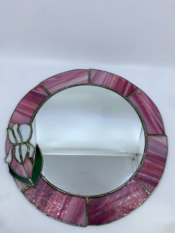 PINK STAINED GLASS ROUND MIRROR W/FLOWER.