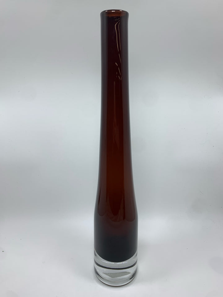 BROWN BLOWN GLASS VASE W/CLEAR BASE.
