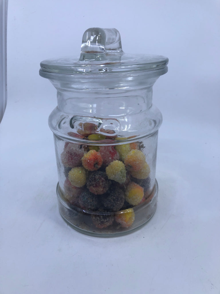 CLEAR GLASS HANDLED JAR W/FAUX GLITTER FRUIT.