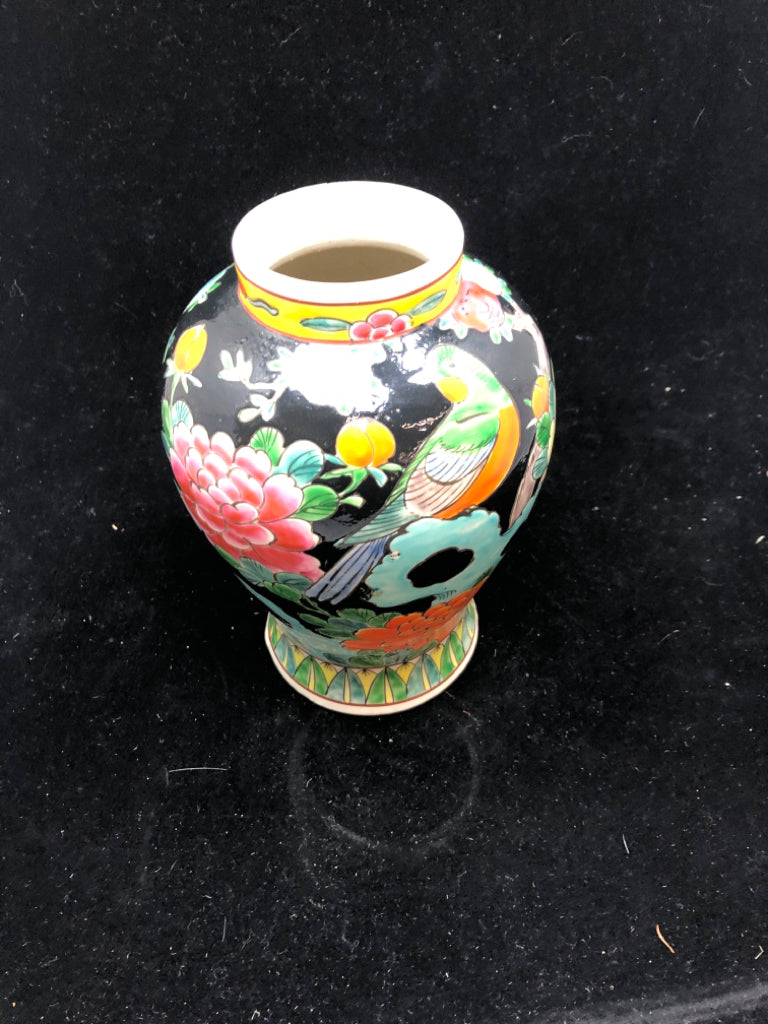 VTG JAPANESE FLORAL BLACK CANISTER W/LID.