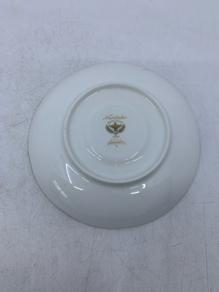 WHITE TEA CUP W/ BLUE/GOLD EDGE & FLOWERS.