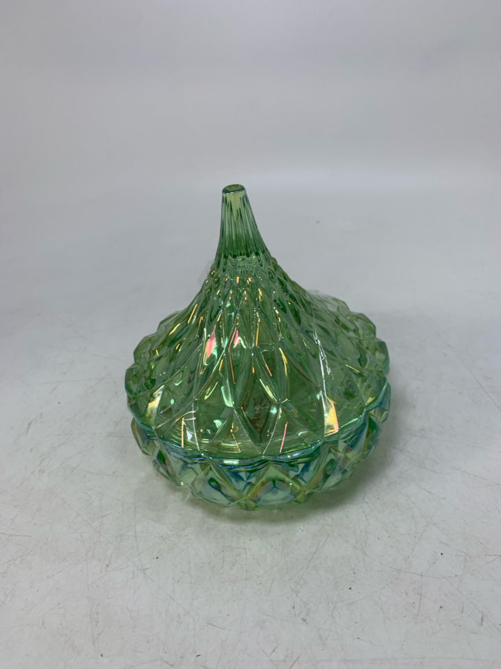 GREEN GLASS HERSHEY KISS SHAPED CANISTER.