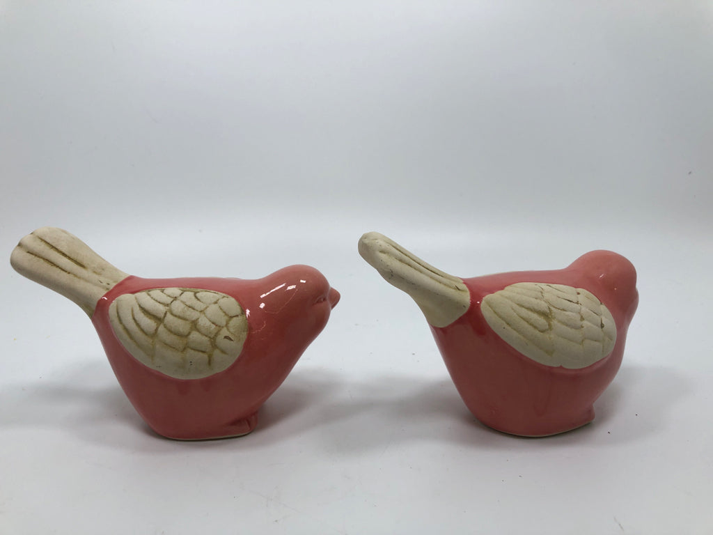 2 PINK & CREAM CERAMIC BIRD FIGURINES.