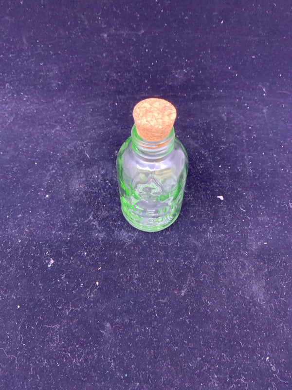 VTG GREEN GLASS GLASS BOTTLE WITH CORK TOP.