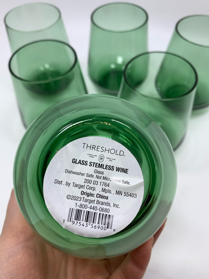 6PC GREEN STEMLESS WINE GLASSES.