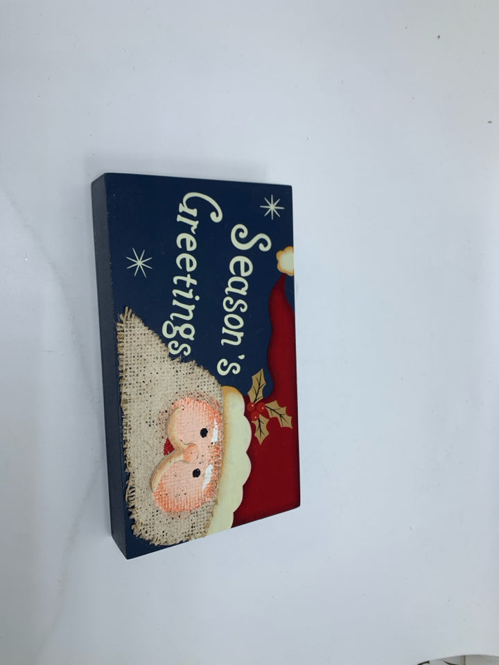 NAVY SEASON'S GREETING SMALL WALL ART W/ SANTA HEAD.